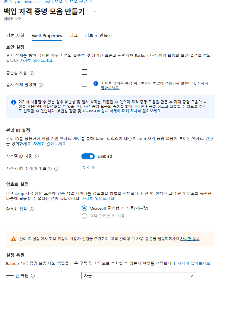 Backup Vault 시스템 할당 관리 ID 활성화 설정
