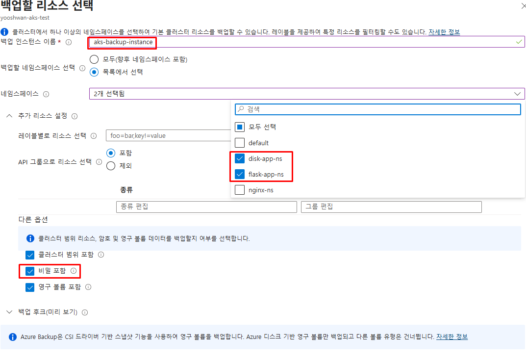 백업 인스턴스 이름 정의 및 네임스페이스 선택 화면