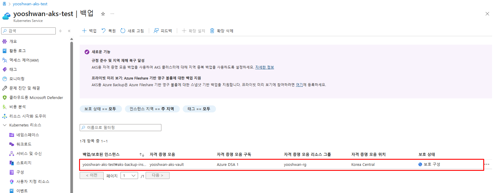 백업 보호 상태가 '구성됨'으로 변경된 화면