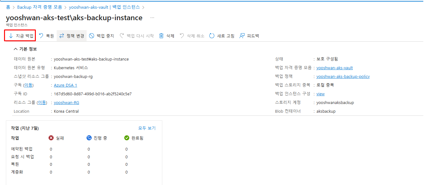 '지금 백업' 버튼으로 수동 백업 실행 화면