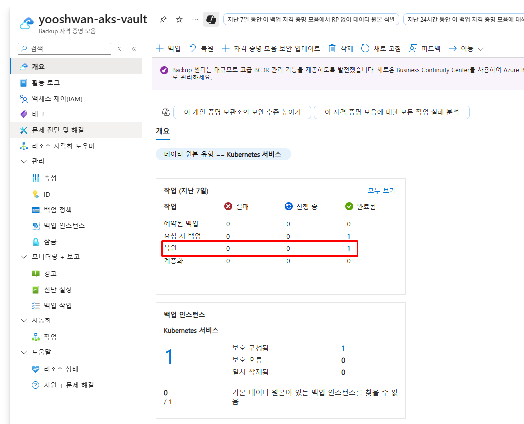 복원 완료 후 삭제된 네임스페이스 복원 확인 화면